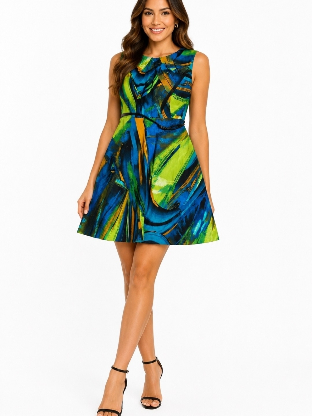 I.N. Studio Blue & Green Abstract Fit-and-Flare Mini Dress